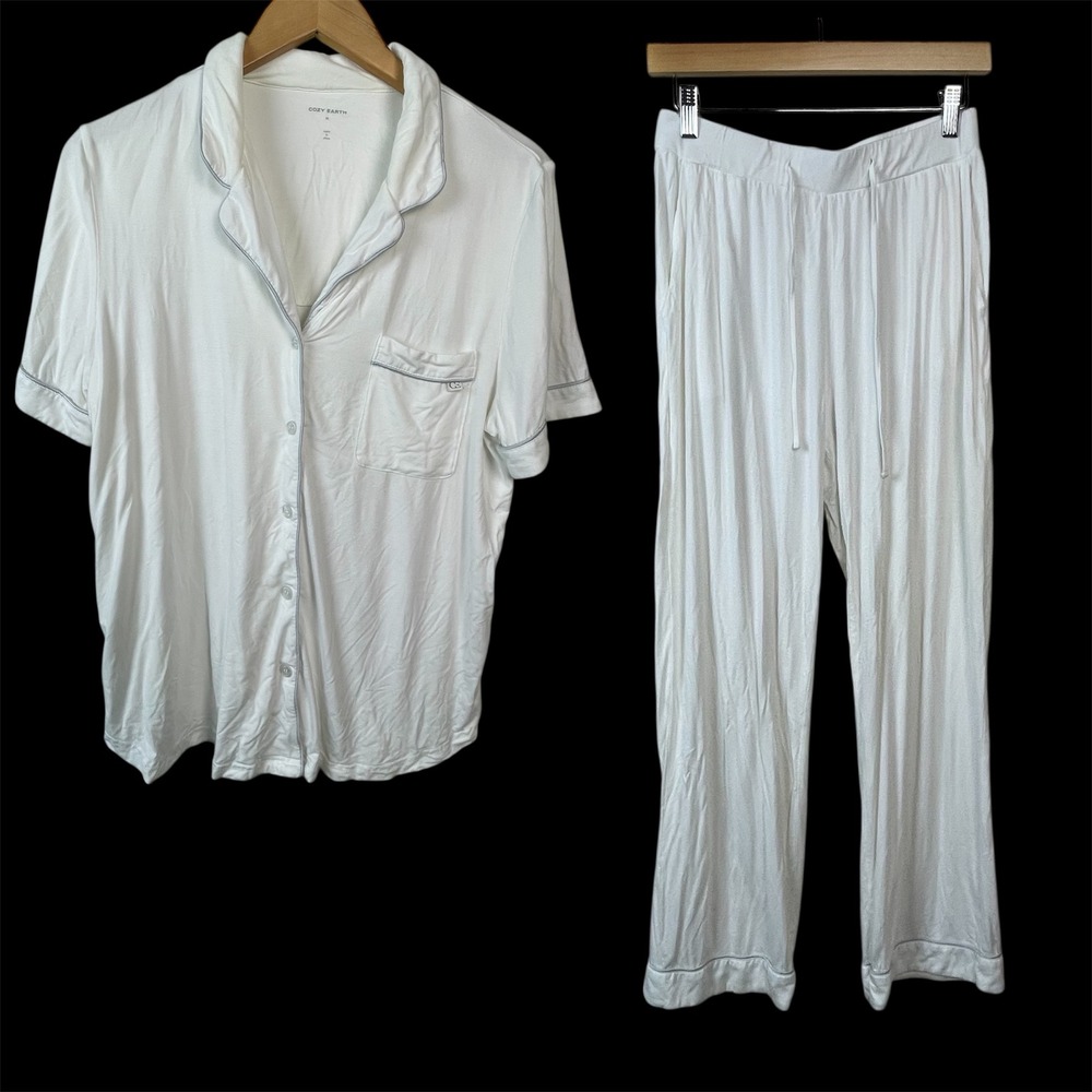 Cozy Earth Bamboo Pajama Set Womens M Cottagecore White Short Sleeve Pants